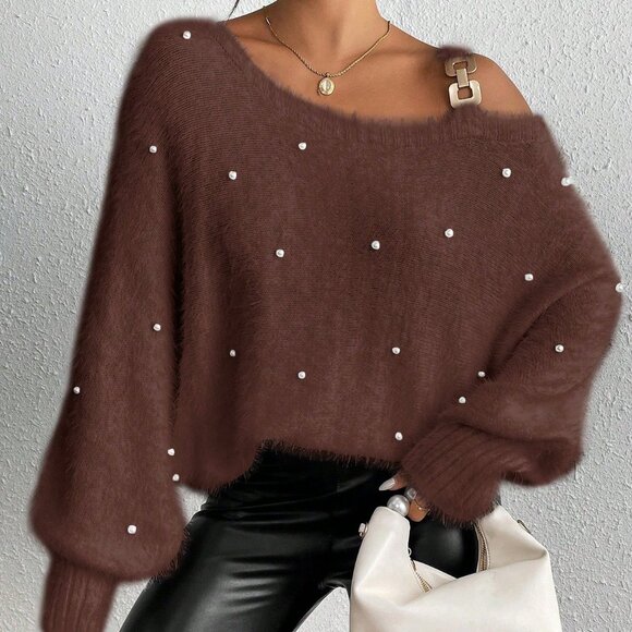 Coffee Brown Casual Women's Fuzzy Oblique Shoulder Beaded Sweater - Picture 3 of 6